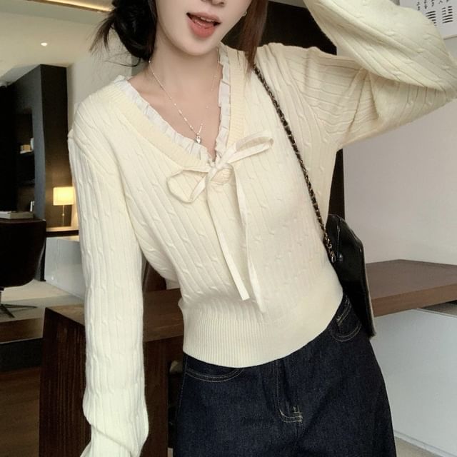 Long-Sleeve V-Neck Bow Accent Contrast Frill Trim Knit Top SpreePicky