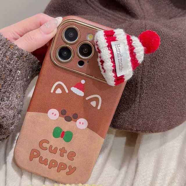 Christmas Dog Phone Case / Mini Knit Beanie Adhesive Decoration / Set - iPhone 16 Pro Max / 16 Pro / 16 Plus / 16 / 15 Pro Max / 15 Pro / 15 Plus / 15 / 14 Pro Max / 14 Pro / 14 Plus / 14 / 13 Pro Max / 13 Pro / 13 / 13 Mini SpreePicky