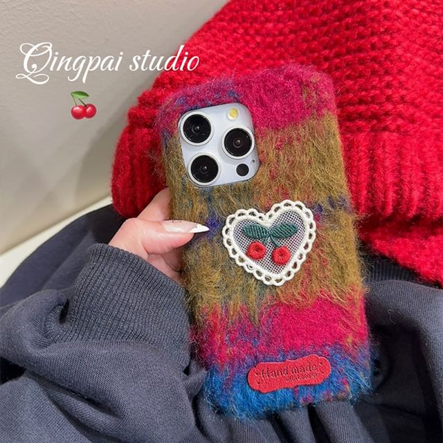 Heart Cherry Embroidered Chenille Phone Case / Charm / Set - iPhone 16 Pro Max / 16 Pro / 16 Plus / 16 / 15 Pro Max / 15 Pro / 15 Plus / 15 / 14 Pro Max / 14 Pro / 14 Plus / 14 / 13 Pro Max / 13 Pro / 13 / 13 Mini SpreePicky