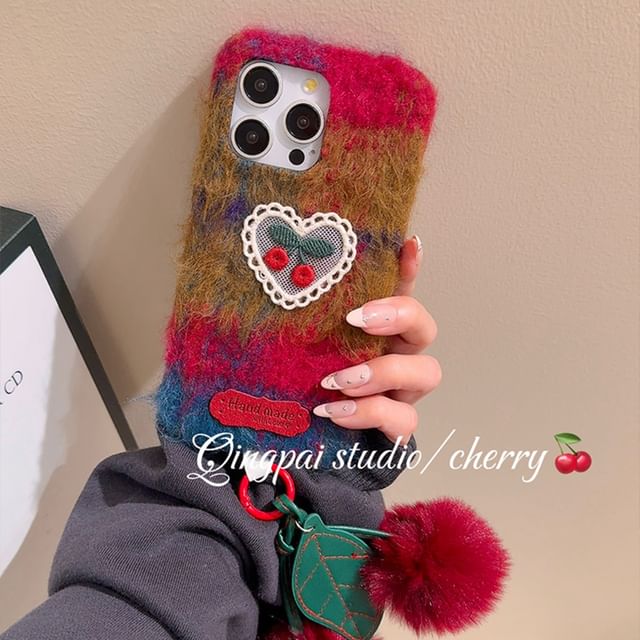 Heart Cherry Embroidered Chenille Phone Case / Charm / Set - iPhone 16 Pro Max / 16 Pro / 16 Plus / 16 / 15 Pro Max / 15 Pro / 15 Plus / 15 / 14 Pro Max / 14 Pro / 14 Plus / 14 / 13 Pro Max / 13 Pro / 13 / 13 Mini SpreePicky