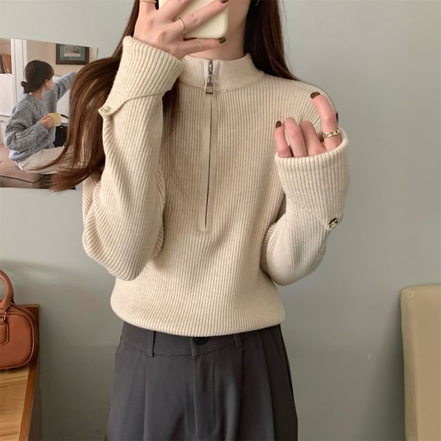 Half-Zip Plain Ribbed Sweater SpreePicky