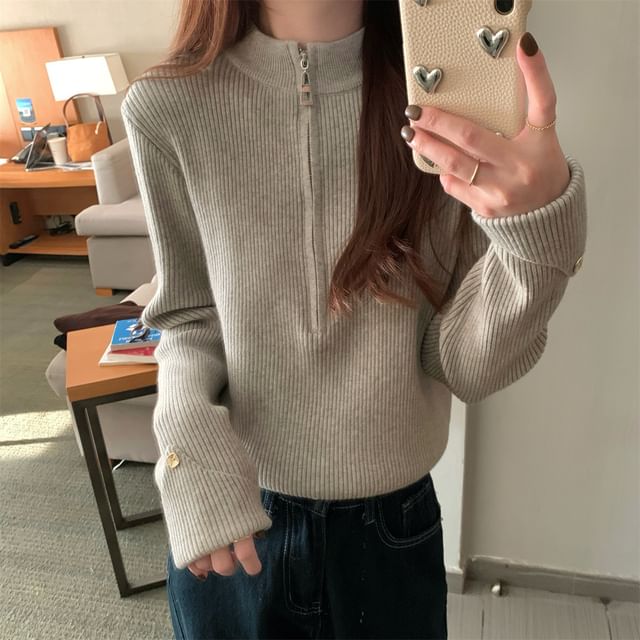 Half-Zip Plain Ribbed Sweater SpreePicky