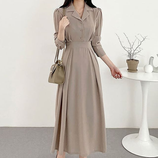 Long-Sleeve Plain Midi A-Line Shirt Dress SpreePicky