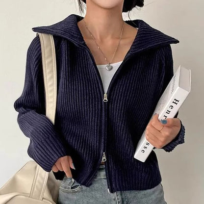 Collared Ribbed Zip-Up Plain Cardigan SpreePicky