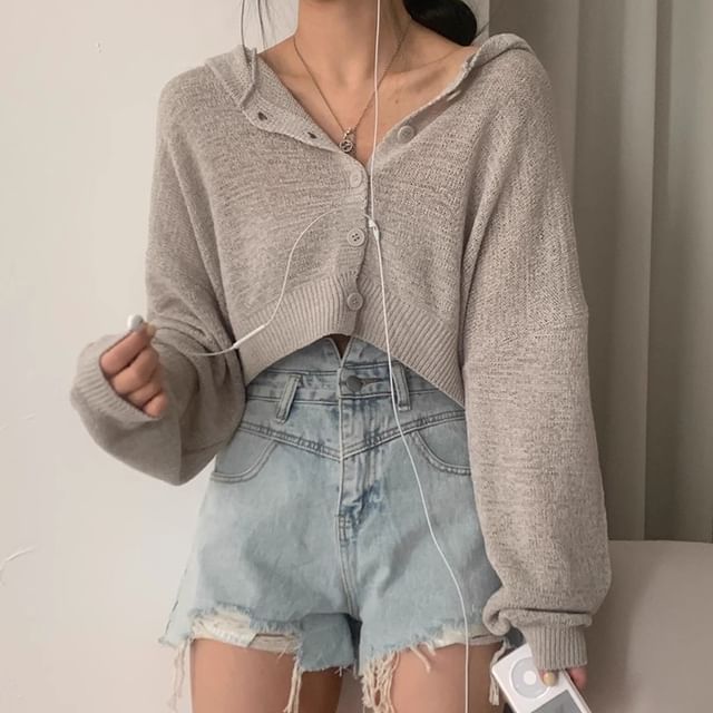 Hooded Plain Crop Cardigan SpreePicky