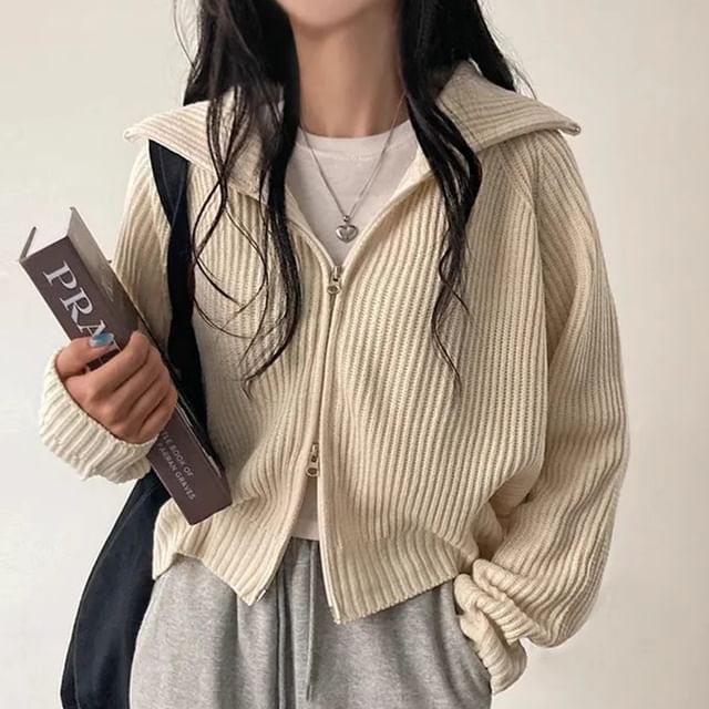 Collared Ribbed Zip-Up Plain Cardigan SpreePicky