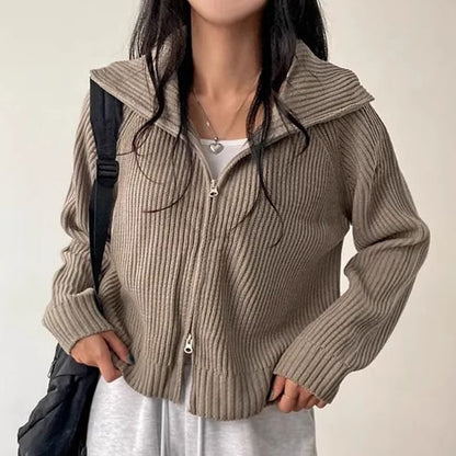 Collared Ribbed Zip-Up Plain Cardigan SpreePicky