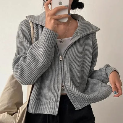 Collared Ribbed Zip-Up Plain Cardigan SpreePicky