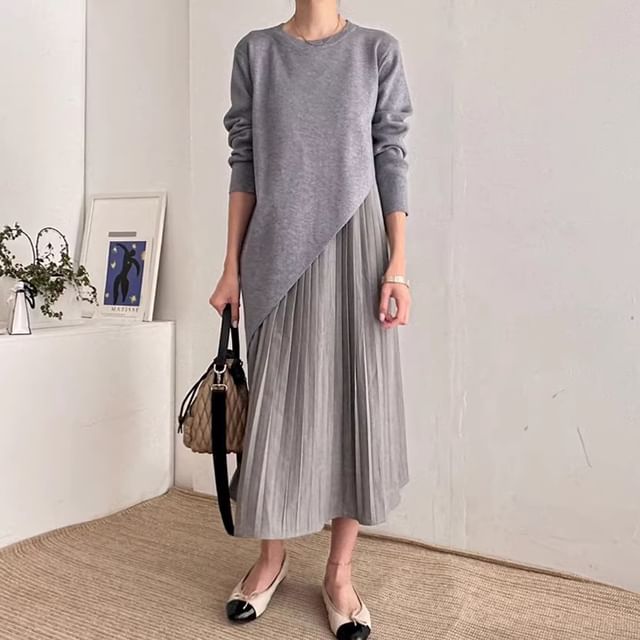 Set: Long-Sleeve Asymmetrical Plain Knit Top + Sleeveless Pleated Midi A-Line Dress SpreePicky