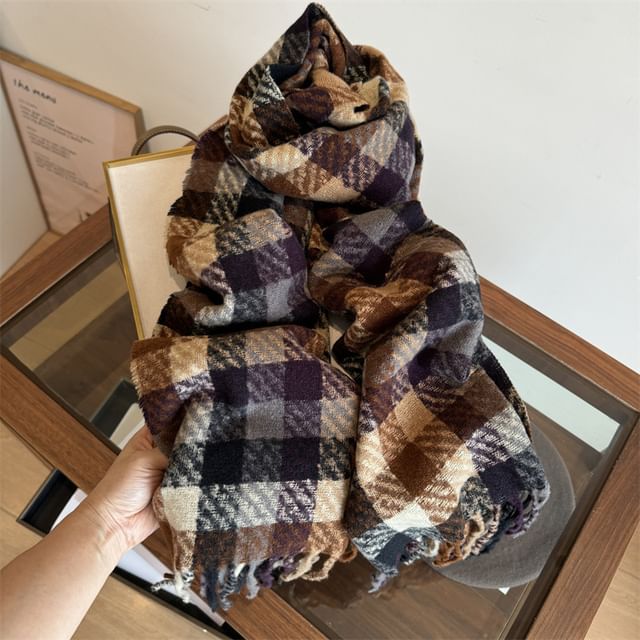 Plaid Fringed Trim Scarf SpreePicky