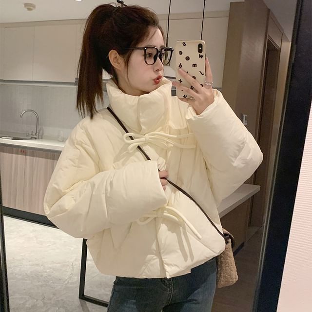 High Neck Plain Zip-Up Puffer Jacket SpreePicky