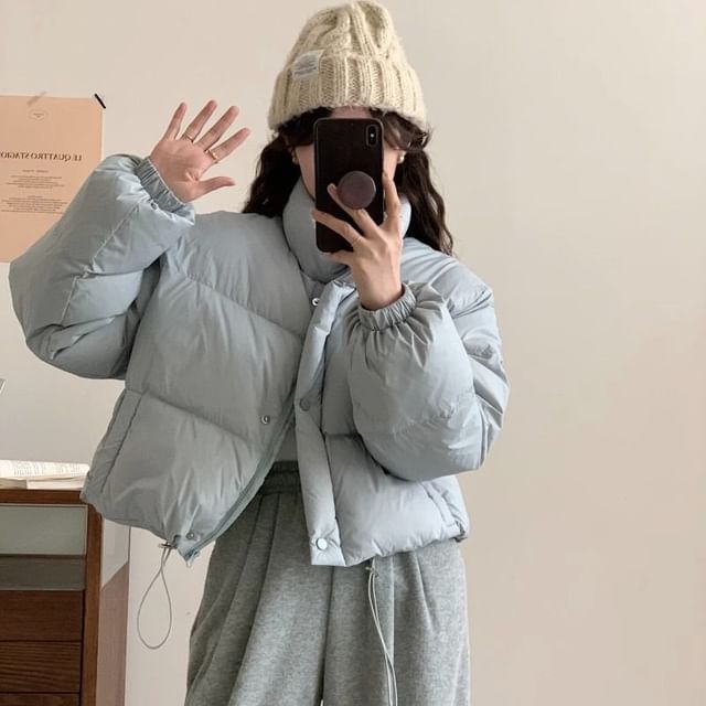 High Neck Plain Zip-Up Puffer Jacket SpreePicky