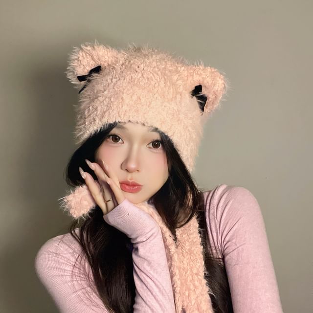 Bear Ear Ribbon Chenille Knit Hat SpreePicky