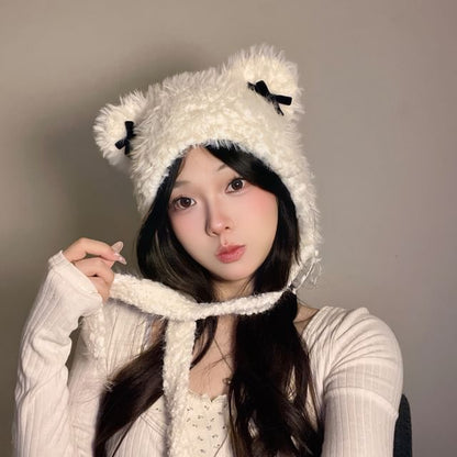 Bear Ear Ribbon Chenille Knit Hat SpreePicky