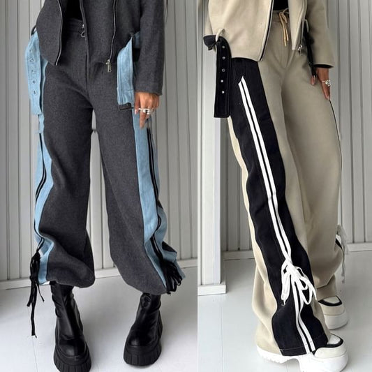 High Rise Color-Block Striped Bow Accent Denim Panel Loose-Fit Wide-Leg Sweatpants SpreePicky