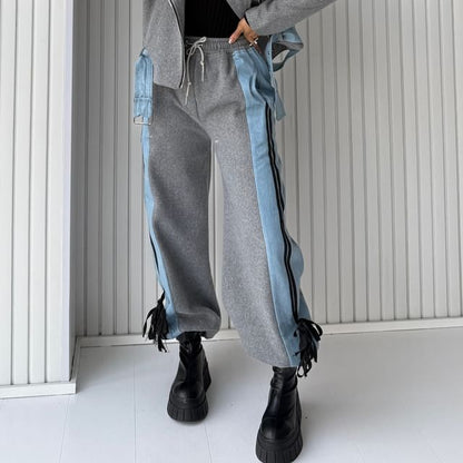 High Rise Color-Block Striped Bow Accent Denim Panel Loose-Fit Wide-Leg Sweatpants SpreePicky