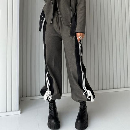 High Rise Color-Block Striped Bow Accent Denim Panel Loose-Fit Wide-Leg Sweatpants SpreePicky