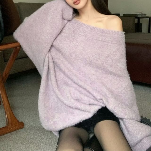/ Plain Belt Drop Shoulder Off Oversized Sweater FashionChic
