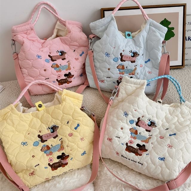 Cartoon Embroidered Heart Quilted Tote Bag SpreePicky