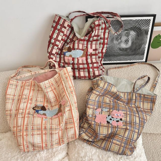 Plaid Cartoon Applique Corduroy Tote Bag SpreePicky