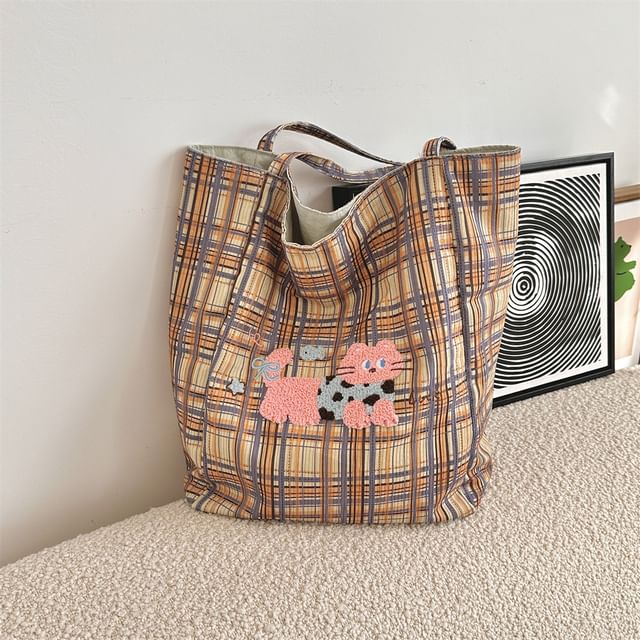 Plaid Cartoon Applique Corduroy Tote Bag SpreePicky