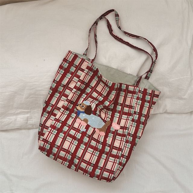 Plaid Cartoon Applique Corduroy Tote Bag SpreePicky