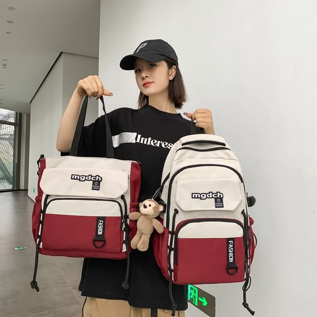 / Lettering Backpack Set Nylon Laptop Two Print Charm Bag Tone Tote FashionChic