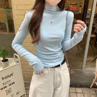 Long-Sleeve Mock Neck Plain Ruched Slim Fit Tee SpreePicky