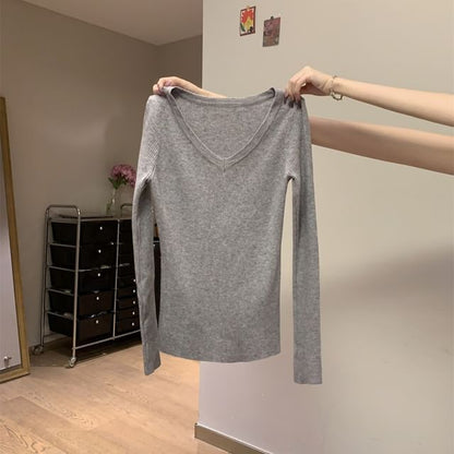 Long-Sleeve V-Neck Plain Ribbed Slim Fit Knit Top SpreePicky