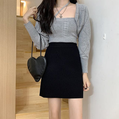 High Rise Plain Knit Mini A-Line Skirt SpreePicky