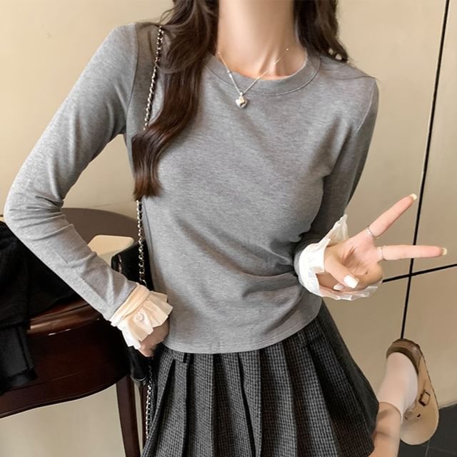 Long-Sleeve Crew Neck Two Tone Flared Cuff Slim Fit T-Shirt SpreePicky