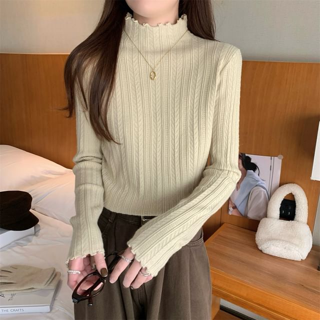 Long-Sleeve Mock Neck Plain Jacquard Lettuce Edge Knit Top SpreePicky