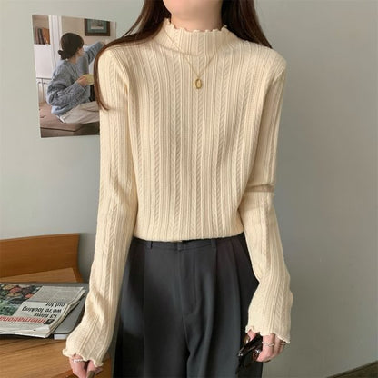 Long-Sleeve Mock Neck Plain Jacquard Lettuce Edge Knit Top SpreePicky