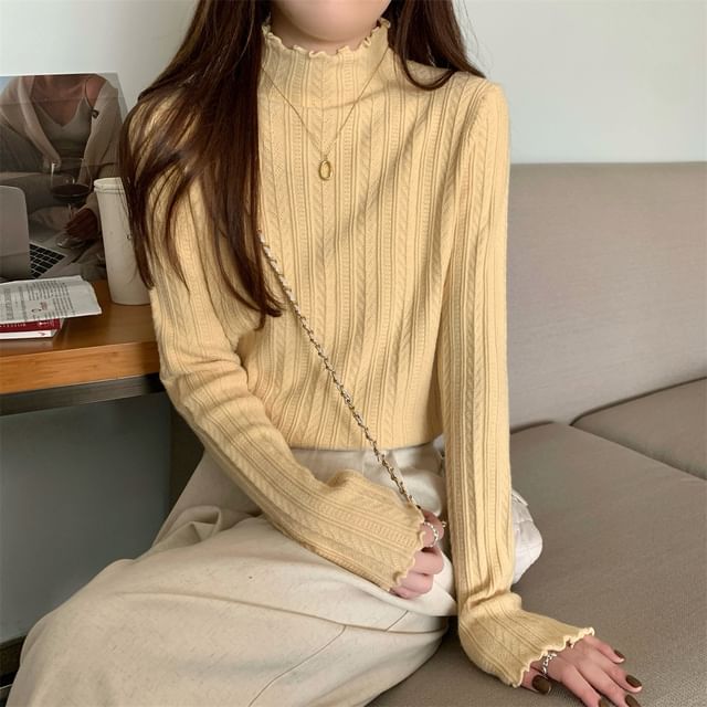 Long-Sleeve Mock Neck Plain Jacquard Lettuce Edge Knit Top SpreePicky