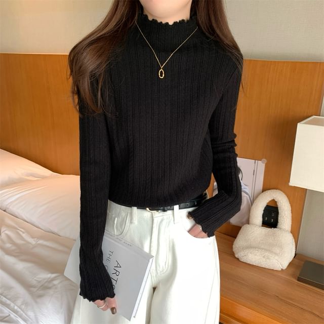 Long-Sleeve Mock Neck Plain Jacquard Lettuce Edge Knit Top SpreePicky