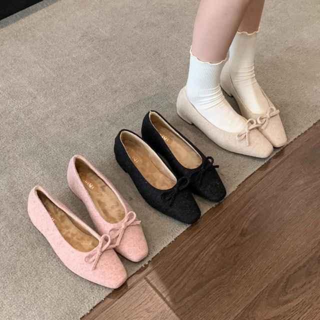 Square Toe Bow Low Heel Pumps SpreePicky