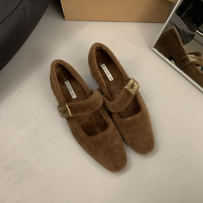 Plain Fleece Chunky Heel Mary Jane Shoes SpreePicky