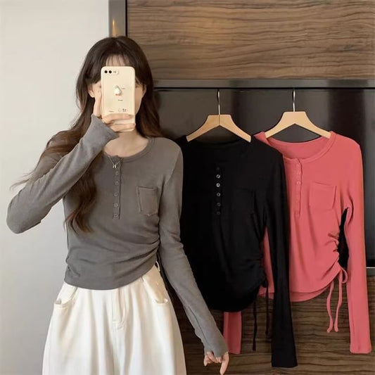 Long-Sleeve Half Buttoned Plain Top SpreePicky