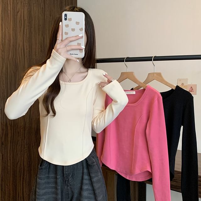 Long-Sleeve Square Neck Plain T-Shirt SpreePicky