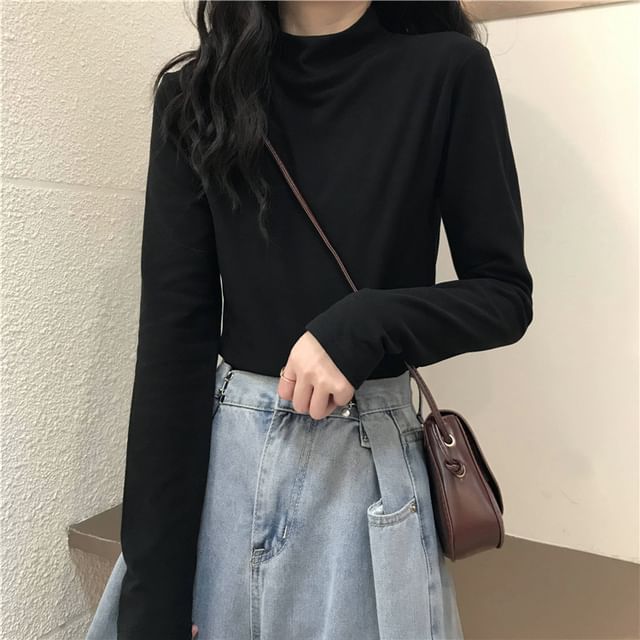 Long-Sleeve Mock Neck Plain T-Shirt SpreePicky