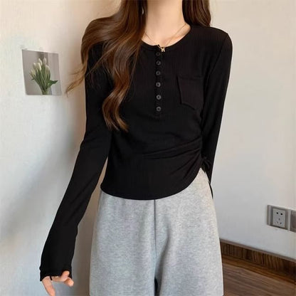 Long-Sleeve Half Buttoned Plain Top SpreePicky