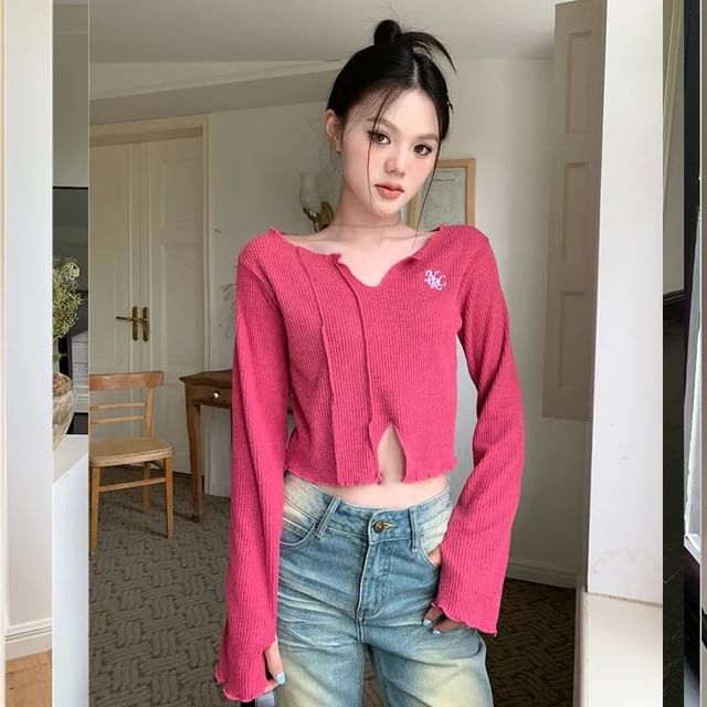 Long-Sleeve V-Neck Embroidered Crop Knit Top SpreePicky