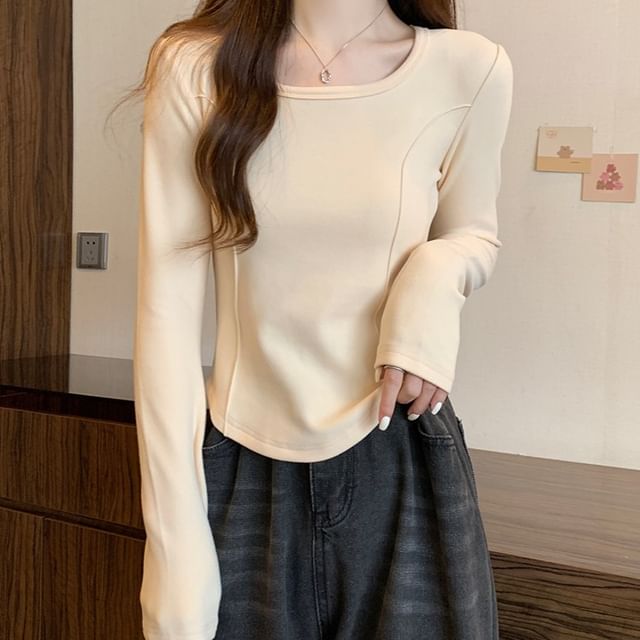 Long-Sleeve Square Neck Plain T-Shirt SpreePicky