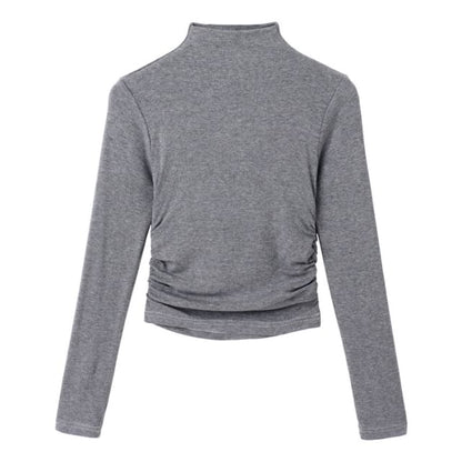 Long-Sleeve Mock Neck Plain Crop Tee SpreePicky