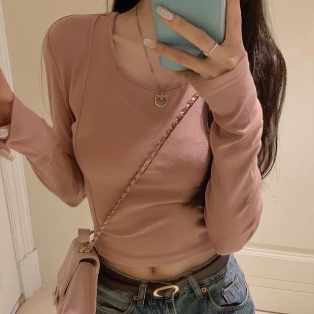 Long-Sleeve Crewneck Plain Crop T-Shirt SpreePicky