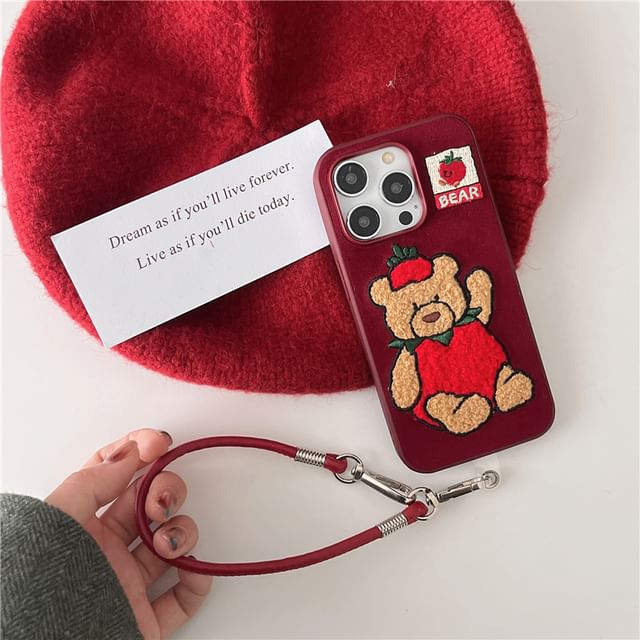 Strawberry Bear Embroidered Phone Case / Strap / Set - iPhone 16 Pro Max / 16 Pro / 16 Plus / 16 / 15 Pro Max / 15 Pro / 15 Plus / 15 / 14 Pro Max / 14 Pro / 14 Plus / 14 / 13 Pro Max / 13 Pro / 13 SpreePicky