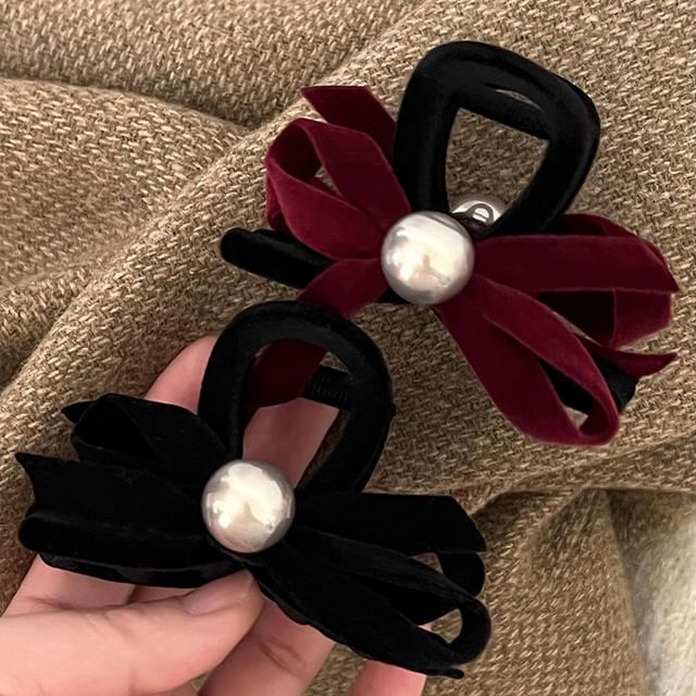 Velvet Bow Faux Pearl Hair Claw SpreePicky