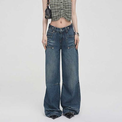 Low Rise Washed Straight-Fit Wide-Leg Jeans SpreePicky