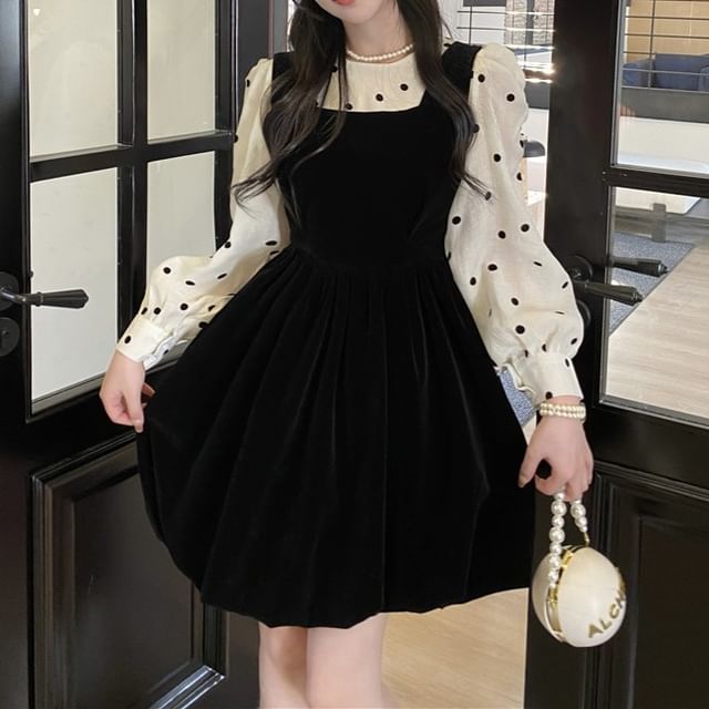 Long-Sleeve Crew Neck Dotted Blouse / Square Neck Plain Velvet Mini A-Line Jumper Dress SpreePicky