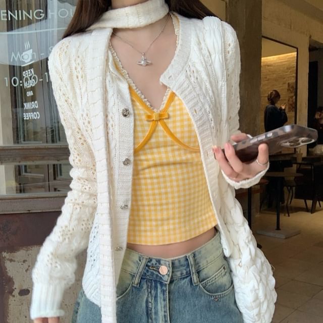 Long-Sleeve V-Neck Gingham Lace Trim Crop T-Shirt / Round Neck Plain Perforated Button-Up Cardigan / Skinny Scarf / Set SpreePicky